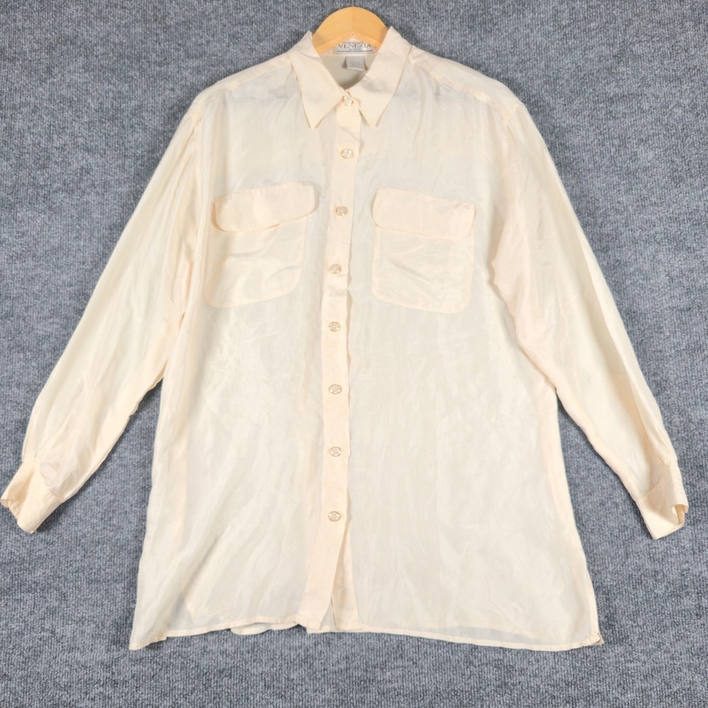 VENEZIA vitale Women's Cream 100% Silk Long Sleeve Button Up Shirt Size 14/16